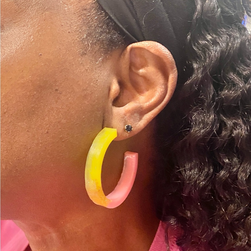 UV Resin Summertime Vibes Large Yellow and Peach Gold tone Hoop Earrings